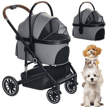 AILEEKISS 4-Wheeled Pet Stroller, Folding Cat and Dog Stroller with Brake, up to 58 lbs, Grey