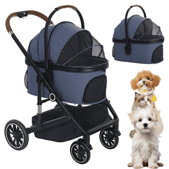 AILEEKISS 4-Wheeled Pet Stroller, Folding Cat and Dog Stroller with Brake, Up to 58 LBS, Blue