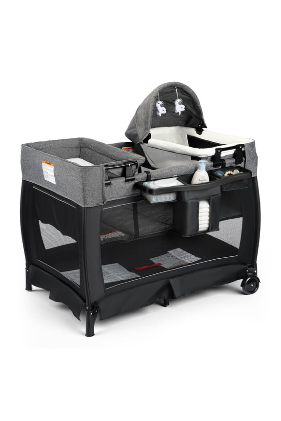 3-in-1 Foldable Baby Playard with Bassinet and Changing Table for Newborn, Black