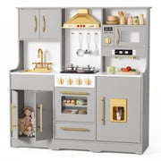 AILEEKISS Wood Kids Play Kitchen, Pretend Kitchen Playset for Children Age 3 Years up, Grey