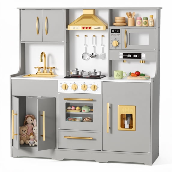 AILEEKISS Wood Kids Play Kitchen, Pretend Kitchen Playset for Children Age 3 Years up, Grey