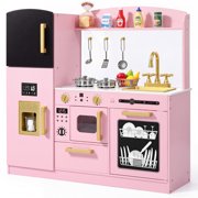 AILEEKISS Wood Kids Play Kitchen, Pretend Kitchen Playset for Children Age 3 Years up, Pink
