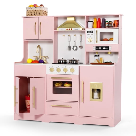 AILEEKISS Wood Kids Play Kitchen, Pretend Kitchen Playset for Children Age 3 Years up, Pink