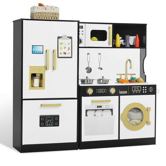 AILEEKISS Wood Kids Play Kitchen, Pretend Kitchen Playset for Children Age 3 Years up, Black