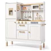 AILEEKISS Wood Kids Play Kitchen, Pretend Toy Kitchen Playset for Children with Sounds, White