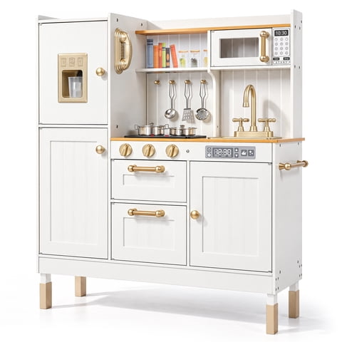 AILEEKISS Wood Kids Play Kitchen, Pretend Toy Kitchen Playset for Children with Sounds, White