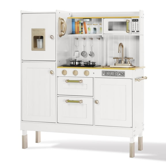 AILEEKISS Wood Kids Play Kitchen, Pretend Toy Kitchen Playset for Children with Sounds, White