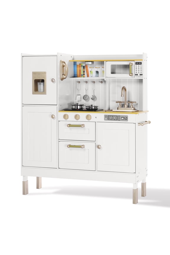 Wood Kids Play Kitchen, Pretend Toy Kitchen Playset for Children with Sounds, White