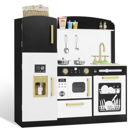 AILEEKISS Wood Kids Play Kitchen, Pretend Kitchen Playset for Children Age 3 Years up, Black