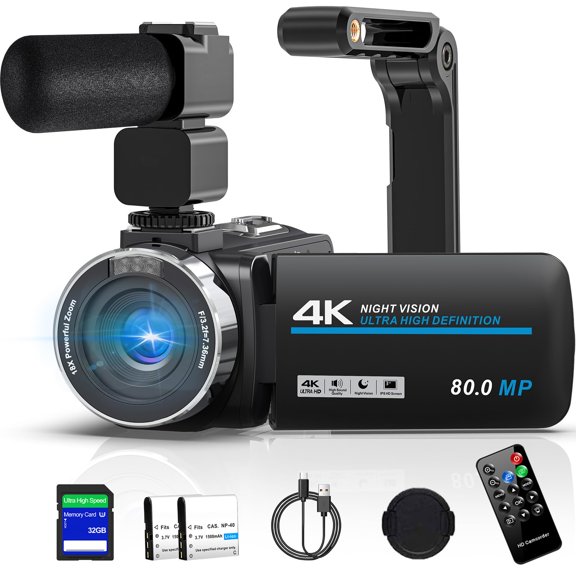 AILENBLE 4K Camcorder 80MP 10.5S Autofocus 0.5F 18X Zoom 270° Rotatable 3.0 Inch IPS Screen IR Night Vision Vlogging Camera