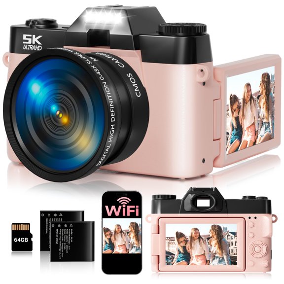 AILENBLE 5K Digital Camera 75MP Autofocus 180 Flip Screen 16X Zoom Anti Shake WiFi Transfer Webcam 64GB Card Dual Battery for Photography, Pink