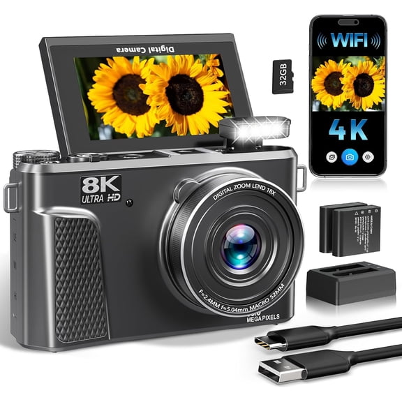 AILENBLE 8K Digital Camera 88MP Autofocus 18X Zoom EIS Anti Shake 3 Inch Flip Screen WiFi Webcam Dual Battery for Photography Vlogging