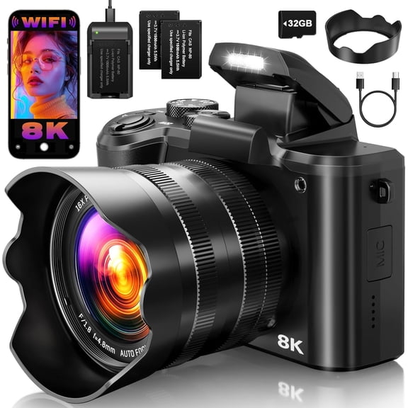 AILENBLE 8K Digital Camera 88MP Autofocus Dual Lens 3.2 Inch Touch Screen 16X Zoom 6-Axis Stabilization WiFi 32GB Card Dual Battery