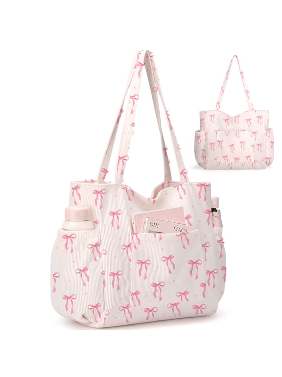 Corduroy Tote Bag for Women Large Capacity Cute Tote Bags With 6 Pockets Crossbody Shoulder Handbag for Work Travel Gym, Watercolor Bows