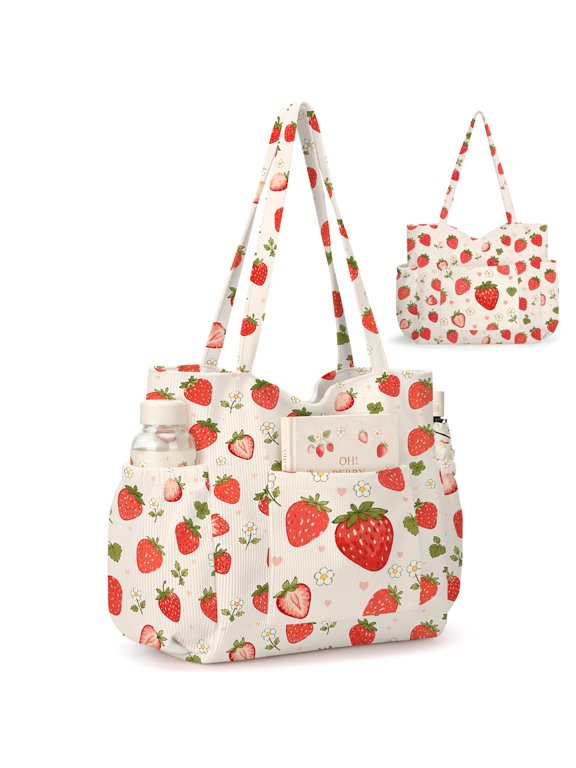Corduroy Tote Bag for Women Large Capacity Cute Tote Bags With 6 Pockets Crossbody Shoulder Handbag for Work Travel Gym, Watercolor Strawberry