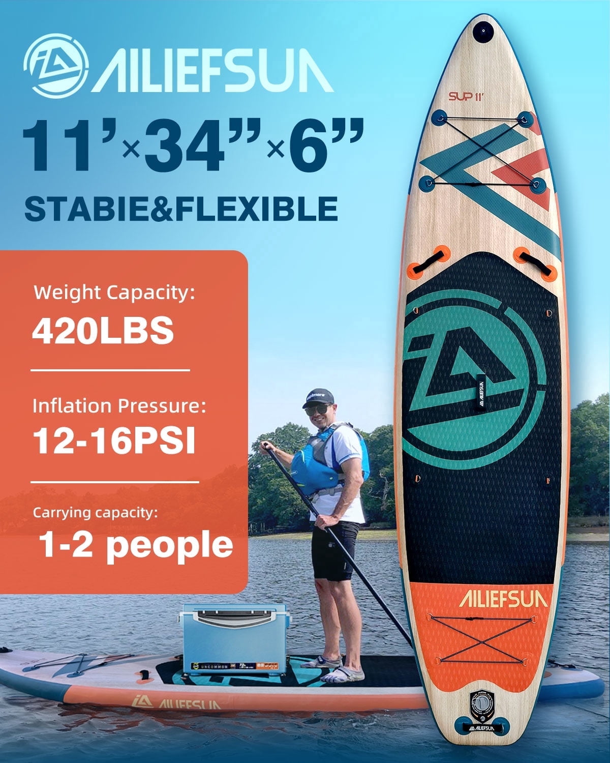 AILIEFSUN Wood Grain, 11'*34”*6“Ailiefsun Stand Up Paddle Board Inflatable Stable Sup Board with Fishing Paddleboards Accessories for Adults Youth Wide Non-Slip Deck Surfboard