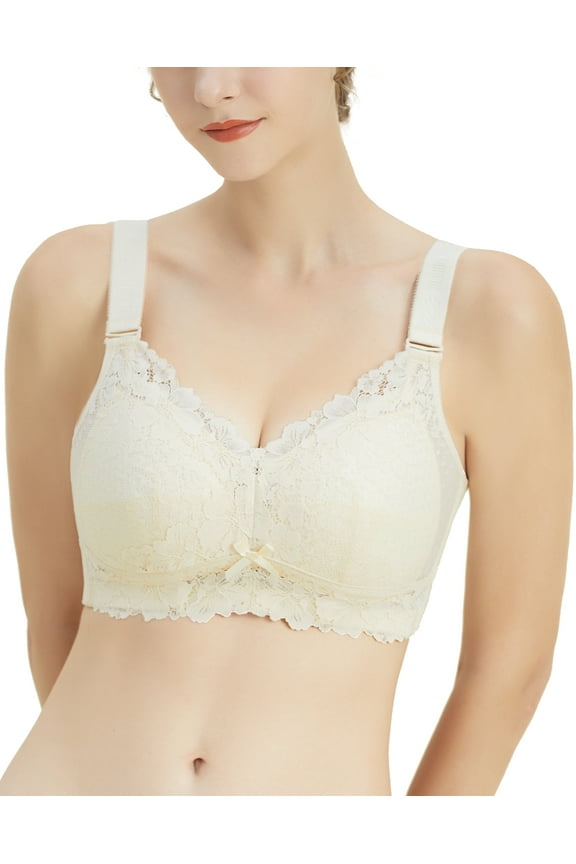 Wireless Bra full figure bras for women no underwire plus size minimizer bra not padded comfort lifting up wide straps support lace full coverage bra Nude Beige 36 DD 36DD double D