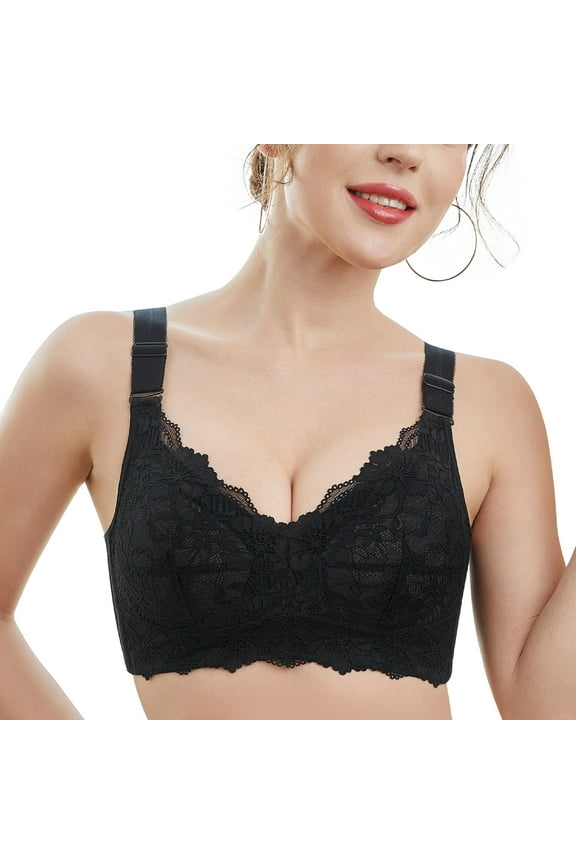 Wireless Bras for Women Full Figure Minimizer Women's Lace Bra WireFree Lifting Up Full Support Lightly Lined Cup Full Coverage No Back Fat Comfy No Wire Womens Bras Black 32DDD 32 DDD