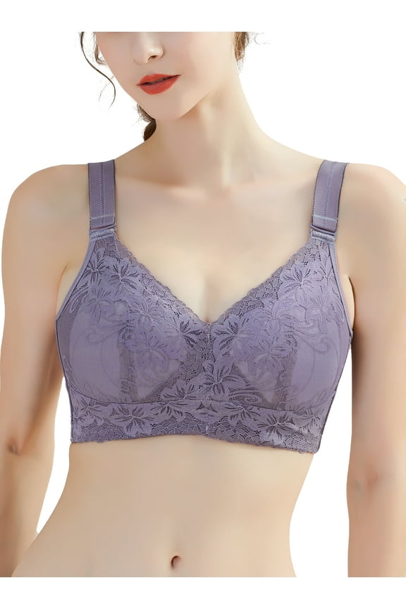 Women Wireless Bras Comfort Back Support Women Full Figure Lace Bra Women Bras Adjustable Wider Straps Full Coverage Lifting Up Bra Minimizer Bras No Wire Bra Purple 42D