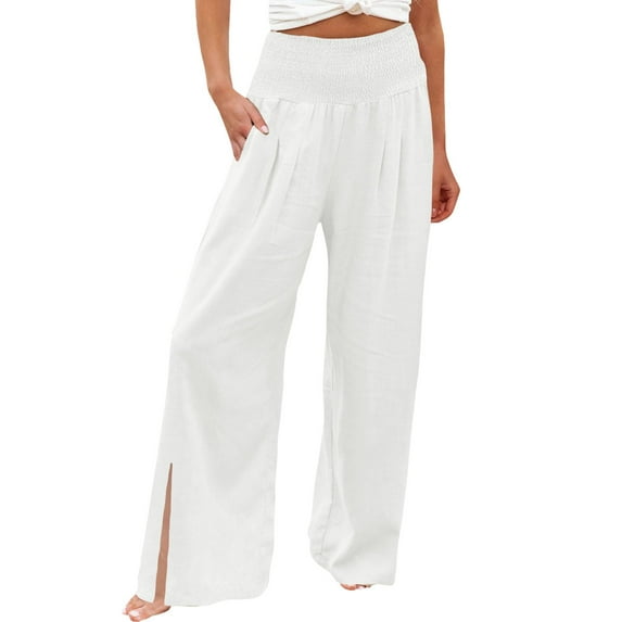 AILIYIL High Waist Wide Leg Prints Pants For Women Smocked Elastic Waist Loose Comfy Split Casual Pants Pockets (White,L)