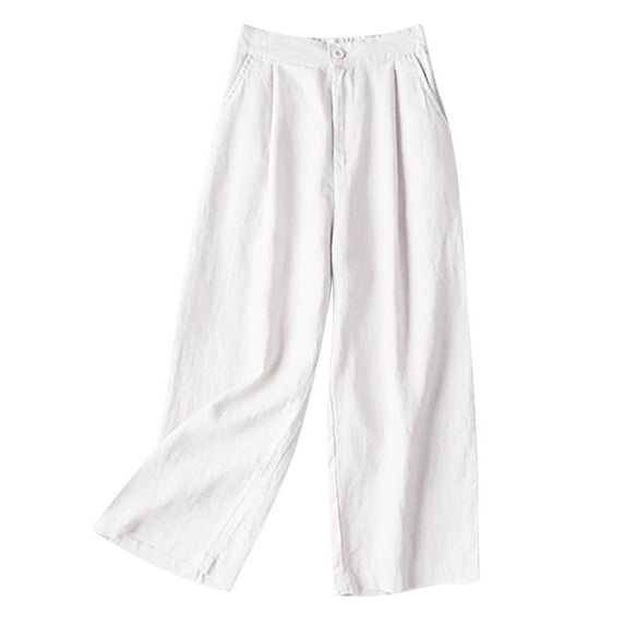 AILIYIL Linen Pocket Elastic Breathable Trousers Loose Cotton Waist Pant Womens Pants (White,S)