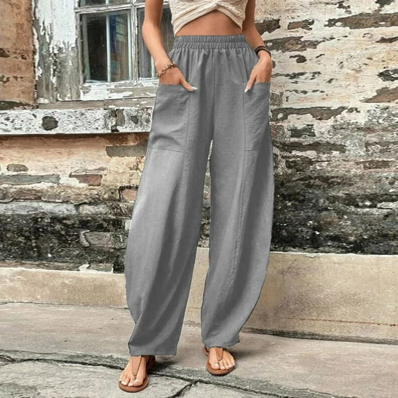 AILIYIL New Pants Womens Solid Color Casual Pants Trousers Elastic Waist Pockets Wide Leg Trousers (Gray,L)
