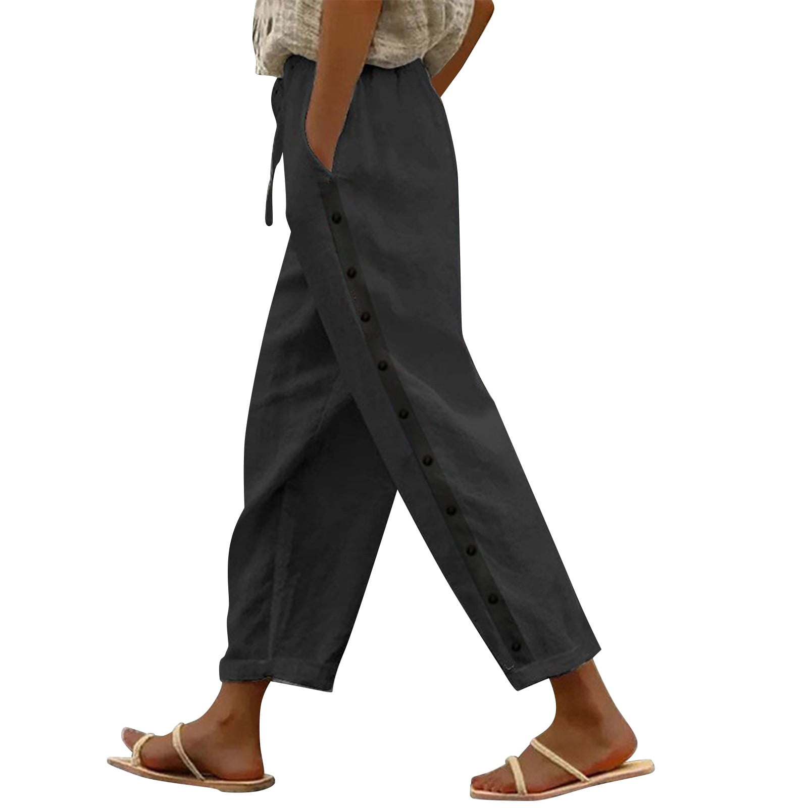 AILIYIL Versatile Pants Women Fashion Solid Color Cotton Flax Elastic ...