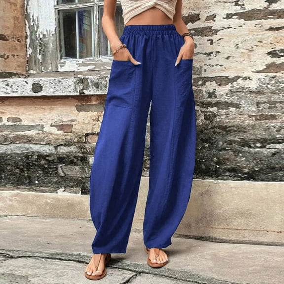 AILIYIL Versatile Pants Womens Solid Color Casual Pants Trousers Elastic Waist Pockets Wide Leg Trousers (Blue,XXL)