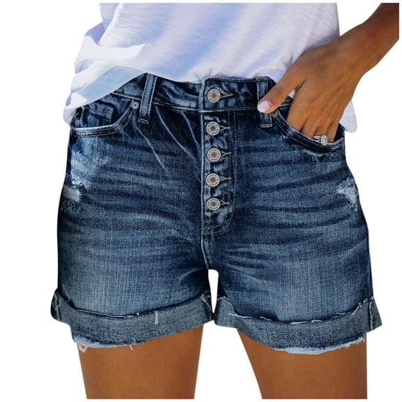 AILIYIL Women High Waisted Skinny Pocket Denim Button Stretch Pants Short Jeans (Dark Blue,L)