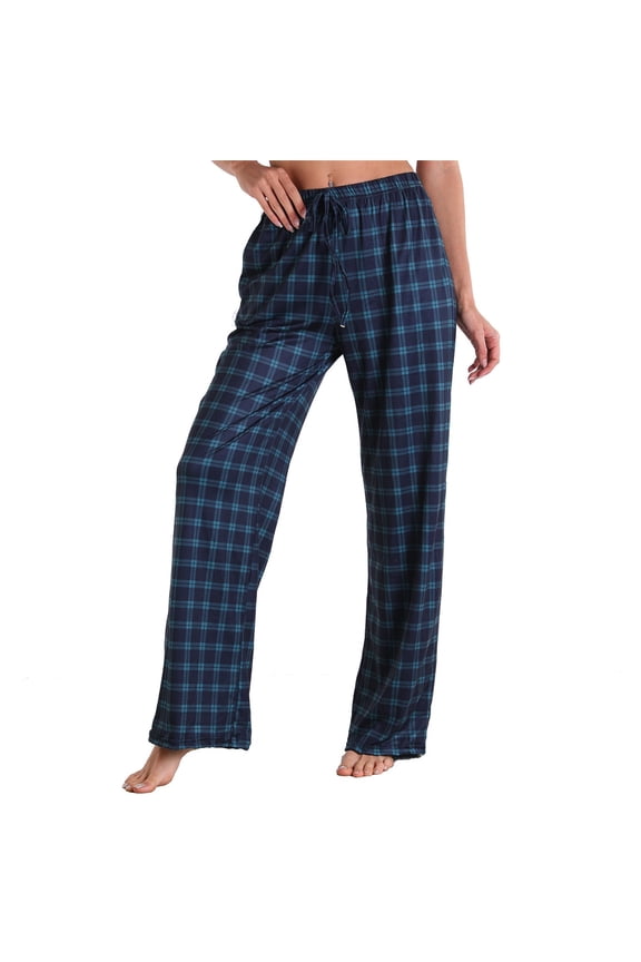 Women'S Autumn And Winter New Home Casual Sports Pocket Checkered Printed Straight Pants (Navy Blue,XL)