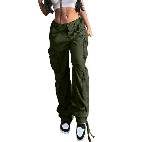 AILIYIL Women'S Solid Color Low Rise Multi Pocket Cargo Casual Trousers (Army Green,L)