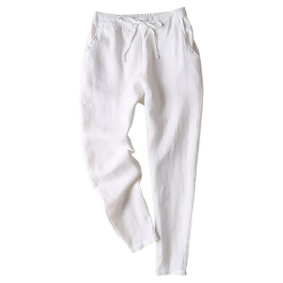 AILIYIL Women'S Summer Casual Linen Pants Elastic High Waist Loose Slit Cropped Pants With Pockets (White,L)