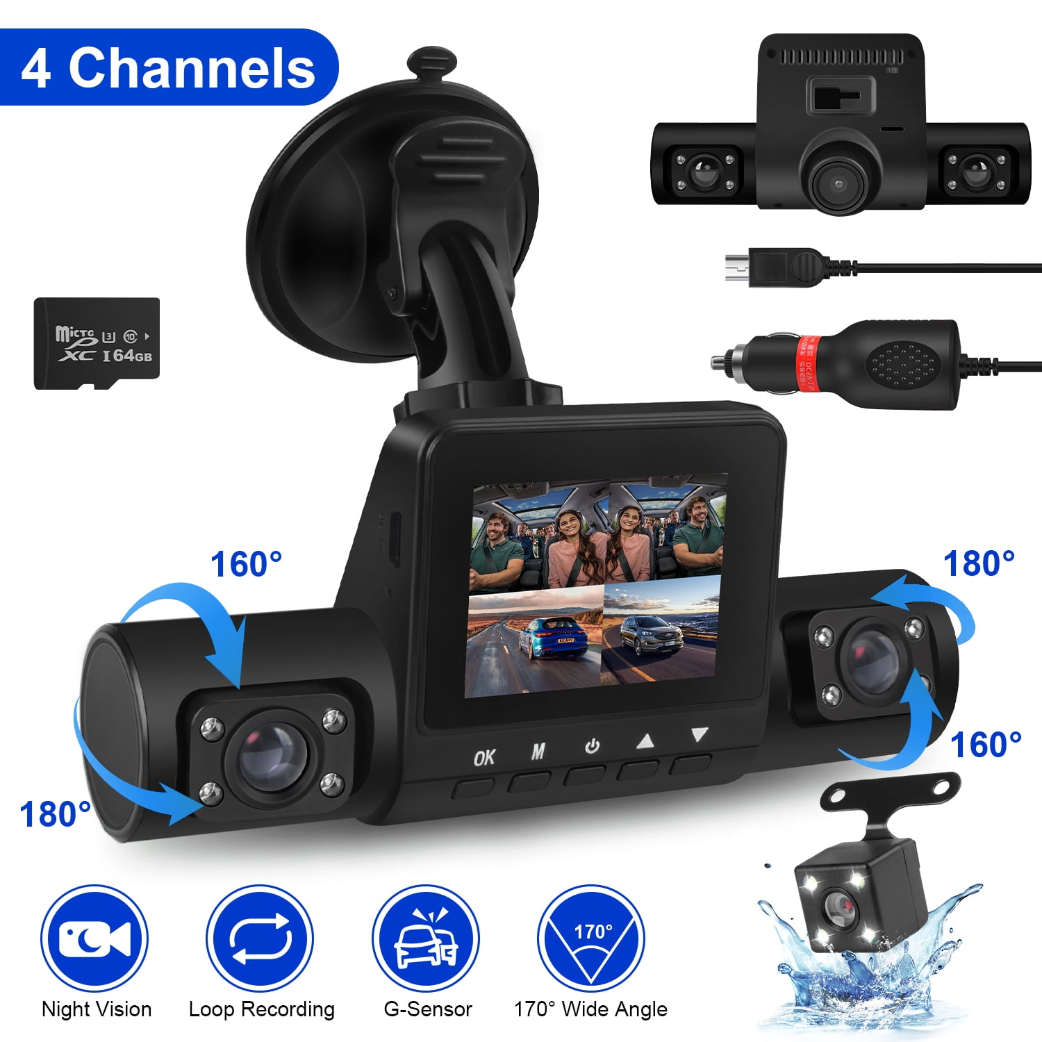 AILKIN 4 Channel Dash Cam Front and Rear,Left,Right,Full HD 1080P Dash Cam Front and Rear Inside Loop Recording Dash Camera for Cars with Night Vision,Free 64GB