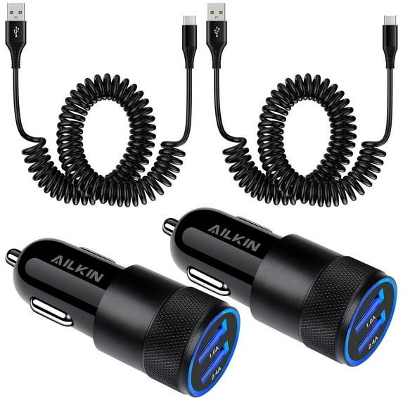 AILKIN Car Charger,Type C Car Charger Adapter 3.4A Dual USB Car Charger with 2PACK Type C USB C Cables Car Cigarette Lighter Adapter Socket Charger with 6ft Type C Fast Coiled Charging Cords