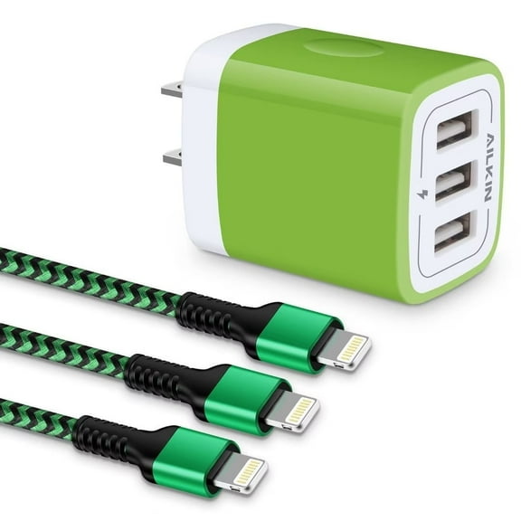 AILKIN Compatible with iPhone Charger Fast Charging 3Pack Usb A Light-ning Cables 6ft Cords 3.1A Three Port Charger Blocks Compatible with iPhone 14/13/12/11,Green