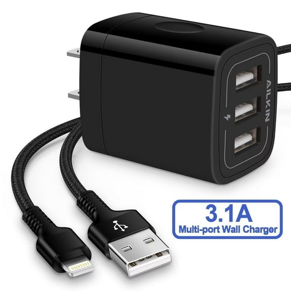 AILKIN Compatible with iPhone Charger Fast Charging with 1Pack Usb A Light-ning Cords 3ft Cords Three Port Charger Blocks Compatible with iPhone 14/13/12/11,Darkblack