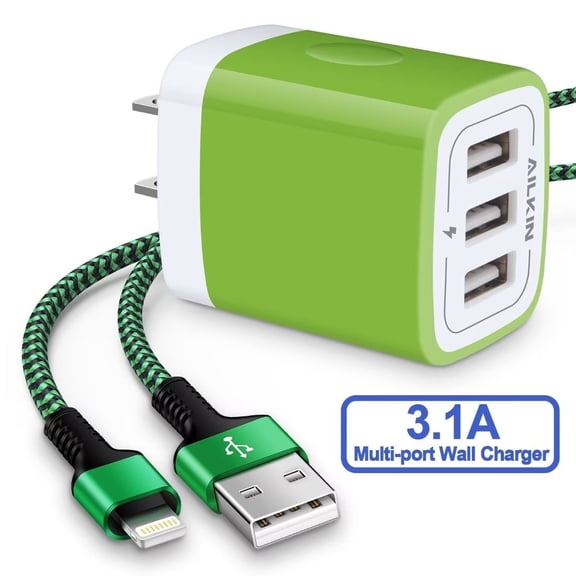 AILKIN Compatible with iPhone Charger Fast Charging with 1Pack Usb A Light-ning Cords 3ft Cords Three Port Charger Blocks Compatible with iPhone 14/13/12/11,Green