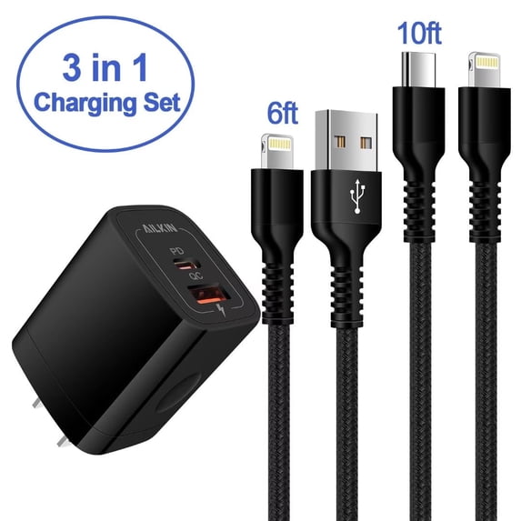 AILKIN Compatible with iPhone Charger Fast Charging Block with Charging Cables 10ft Cords,20W PD USB C Charger Fast Charging Station Charger Blocks Compatible with iPhone 14/13/12/11