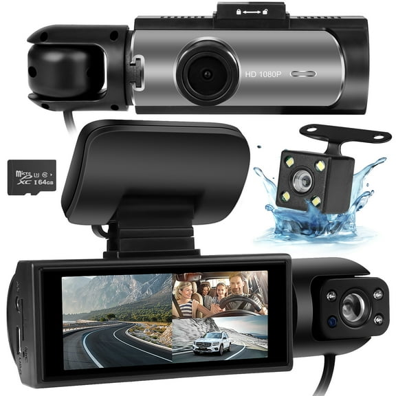 AILKIN Dash Cam Front and Rear,Full HD 1440P/1080P Dash Cam 3.16in Large Screen Dash Camera for Cars with Night Vision Free 64GB Card,G-Sensor,3 Channel Dash Cam Front and Rear Inside Loop Recording