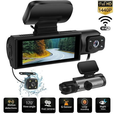 AILKIN Dash Cam Front and Rear,Full HD 1440P/1080P Dash Cam Wifi App 3.16in IPS Display Dash Camera for Cars with Night Vision Free 64GB SD Card,G-Sensor,3 Channel Dash Cam Front and Rear Inside