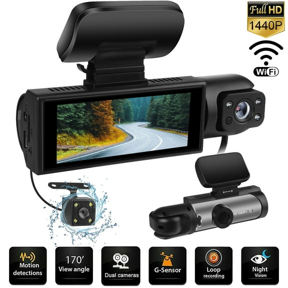 AILKIN Dash Cam Front and Rear,Full HD 1440P/1080P Dash Cam Wifi App 3.16in IPS Display Dash Camera for Cars with Night Vision Free 64GB SD Card,G-Sensor,3 Channel Dash Cam Front and Rear Inside