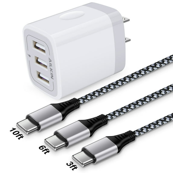 AILKIN Type C Charger,Charger Block with 3PACK Usb A to Usb C Fast Charging Cable 6ft 3ft 10ft 3.1A Multi Three Port USB Wall Charger Block Adapter Plug High Speed Phone Android Charger Cord Type C