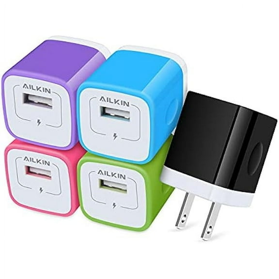 AILKIN USB Charger Wall Plug, 5Pack-1Port Fast Charging Outlet AC Power Adapter Block Cube Box Brick for Apple iPhone, Samsung Galaxy, Android or Type C Phones Charge Multi USB Base Fast Charging