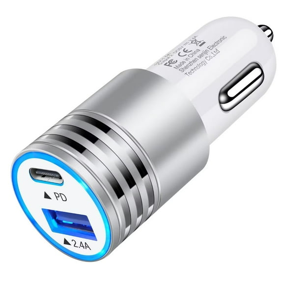 AILKIN Usb C Car Charger,2.4A/PD18W Fast Charge Car Cigarette Lighter Socket Fast Charging Dual USB Car Charger Adapter,Silver