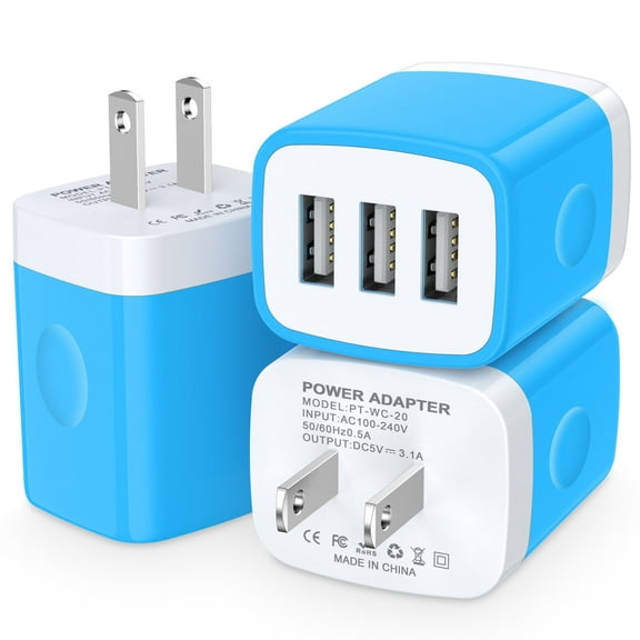 ABCPOW Wall Charger,USB Charger Adapter,3.1A/3PACK Multi Port Fast Charging Station Power Base Charger Block Plug For iPhone Wall Charger Block,Blue