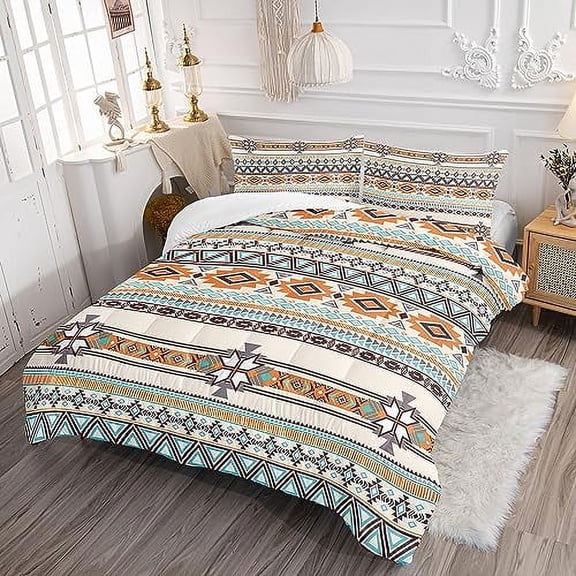AILONEN Tribal Geometric Comforter Set Twin Size, Aztec Geometric Bedding Set,Boys Girls Traditional Geometric Duvet Set 3 Pieces, 1 Quilt and 2 Pillowcases