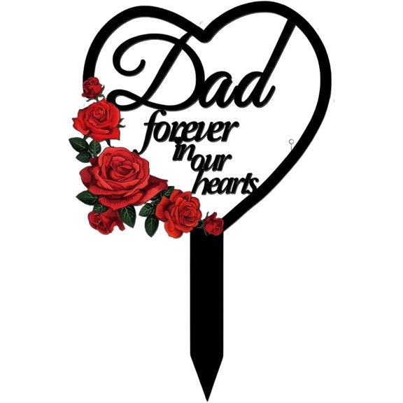 AIM & GGKK Memorial Stake for Dad - Metal Heart Grave Marker with Red Roses, Plaque Cemetery Decor Grave, Garden, Gravesite