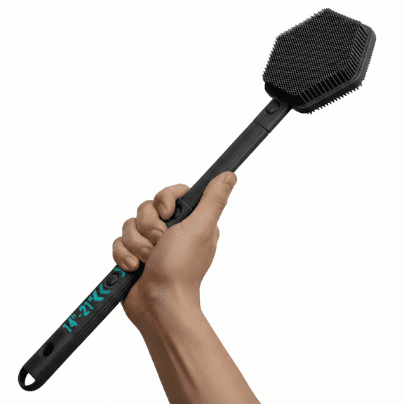 AIMAIAIMAI 21in Extendable Silicone Back Scrubber – Dual-Sided Shower Brush with Long Handle & Non-Slip Grip for Men, Women, Elderly (Black)