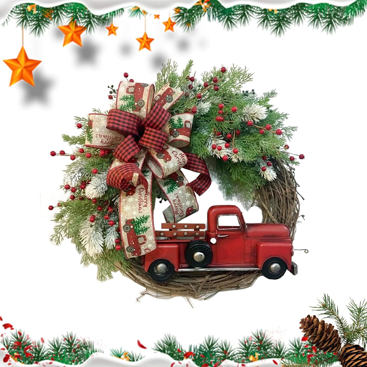 AIMEDYOU Christmas artificial Wreath Red Truck Decoration, Large Door Front Wreath, Door Hanging, Christmas Decorations, Home Decoration Wreath, Christmas Decor Supplies, Holiday Decor