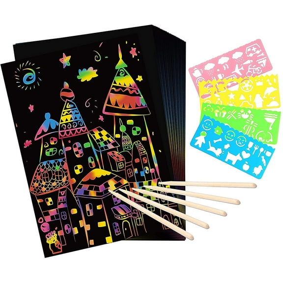 AIMEDYOU Scratch Paper Art for Kids, 50 Pcs Rainbow Magic Scratch Off Paper Art Craf Kit with 5 Wooden Styluses and 4 Stencils for Girls Boys Toddler Party Favor Activity Birthday Christmas Toy Gift